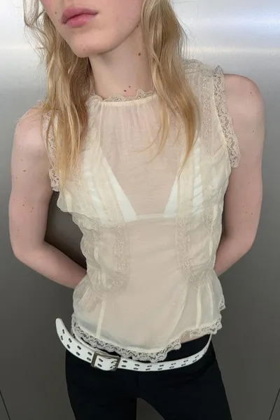 Блуза с закрытыми пуговицами LACE SHIRT, Кремовый — фото 7