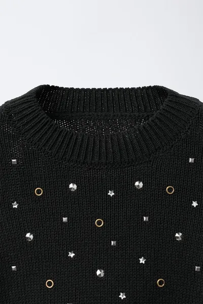 Вязаный джемпер с вырезами и стразами KNIT CUT-OUT RHINESTONE JUMPER, Чёрный — фото 3