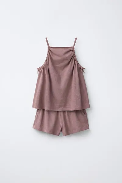 Комплект: топ и шорты-бермуды из хлопка и льна, BROWN / TAUPE, 72 % хлопка и 28 % льна — фото 2