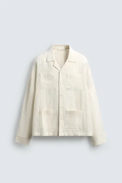 Рубашка из 100% льна свободного кроя со складками, Oyster-white — фото 7