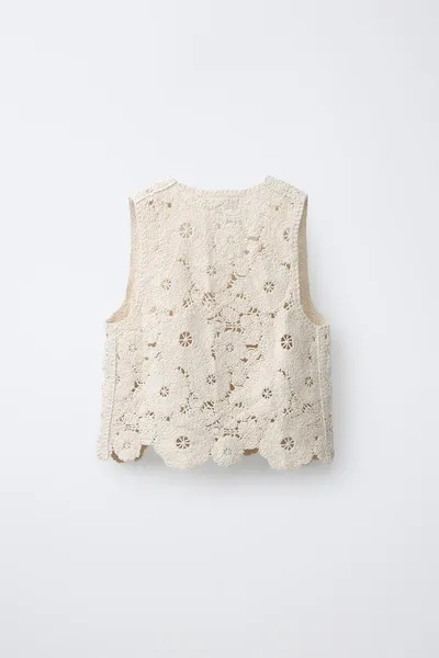 Цветочная вязаная жилетка с бисером FLORAL CROCHET KNIT BEADED VEST, Экрю — фото 3