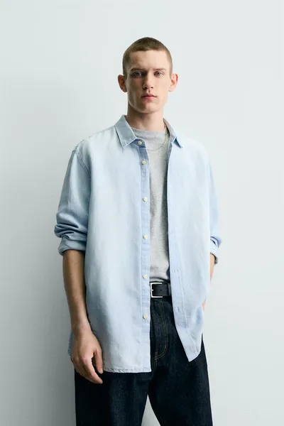 Рубашка из денима, льна и хлопка DENIM LINEN/COTTON SHIRT, Небесно-голубой — фото 2