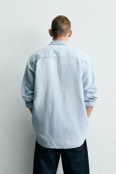 Рубашка из денима, льна и хлопка DENIM LINEN/COTTON SHIRT, Небесно-голубой — фото 3