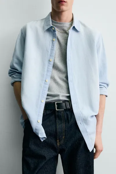 Рубашка из денима, льна и хлопка DENIM LINEN/COTTON SHIRT, Небесно-голубой — фото 6