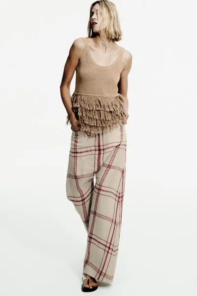 Брюки ZW COLLECTION LINEN CHECK BAGGY, ECRU / RED, лён — фото 2