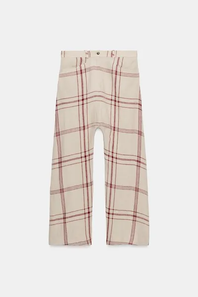 Брюки ZW COLLECTION LINEN CHECK BAGGY, ECRU / RED, лён — фото 3