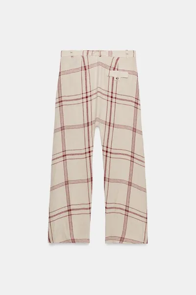Брюки ZW COLLECTION LINEN CHECK BAGGY, ECRU / RED, лён — фото 4