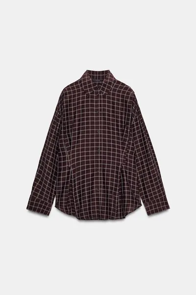 Рубашка oversize с клетчатым принтом, Коричневый / Экрю — фото 8