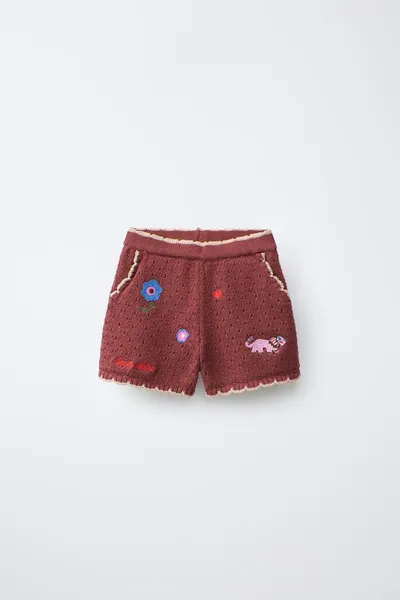 EMBROIDERED FLORAL KNIT BERMUDA SHORTS SISSEL EDELBO X ZARA KIDS, Brown — фото 2