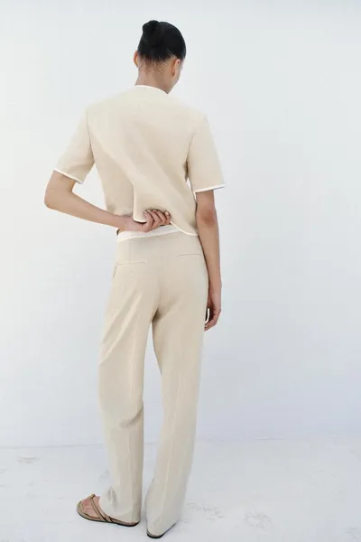 Брюки из льняной смеси с контрастной талией Straight-Leg, Лёгкие, льняная смесь — фото 6