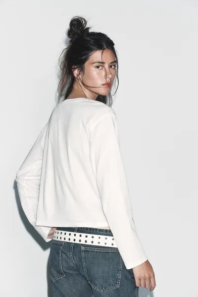 Футболка с лодочным вырезом и длинными рукавами, Белый — фото 5