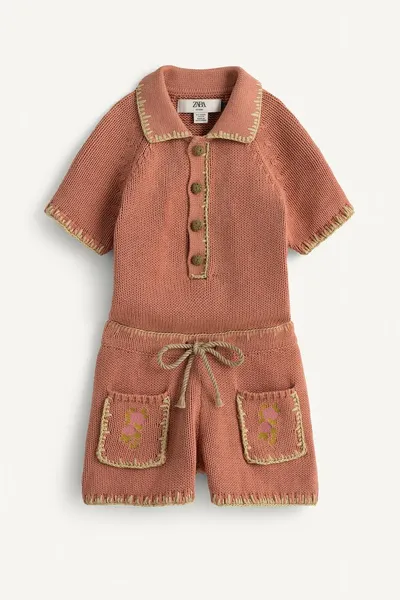 Комплект вязаный с вышивкой в виде цветов LIMITED EDITION CROSS-STITCH FLORAL EMBROIDERY KNIT PLAYSUIT, Кирпич, трикотаж — фото 2