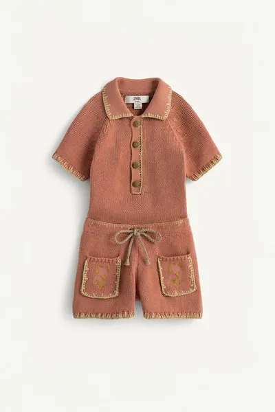 Комплект вязаный с вышивкой в виде цветов LIMITED EDITION CROSS-STITCH FLORAL EMBROIDERY KNIT PLAYSUIT, Кирпич, трикотаж — фото 6