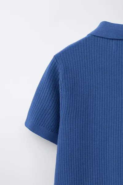 Базовая риб-вязаная рубашка-поло, Голубоватый — фото 4