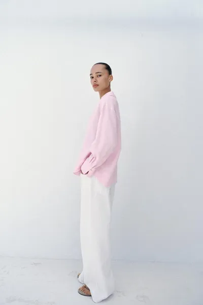Блуза из льняной смеси oversize, Розовый — фото 4