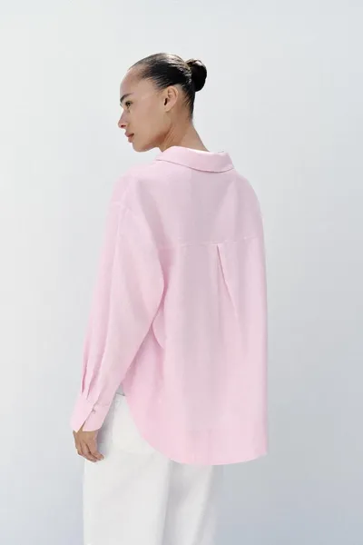 Блуза из льняной смеси oversize, Розовый — фото 5