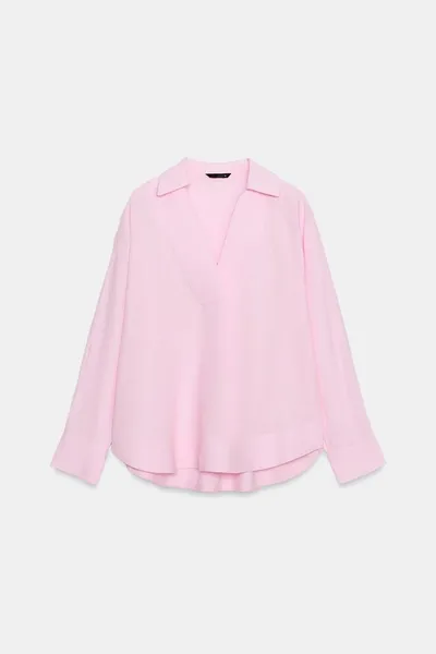 Блуза из льняной смеси oversize, Розовый — фото 8