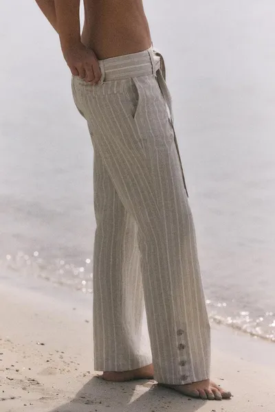 Брюки из льняной смеси с ремнём LINEN BLEND STRIPED, Кэмел, льняная смесь — фото 4