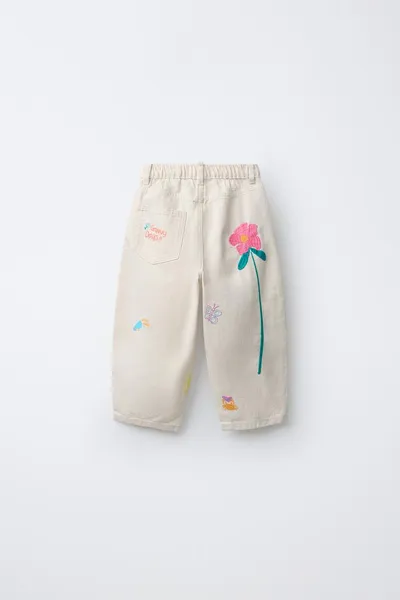 Брюки EMBROIDERED TWILL BARREL, Экрю — фото 3