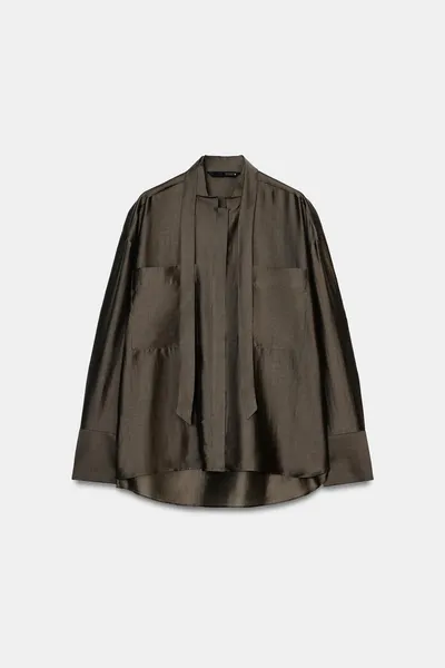 Рубашка с карманами и бантом ZW COLLECTION, Коричневый / Бежевый — фото 4
