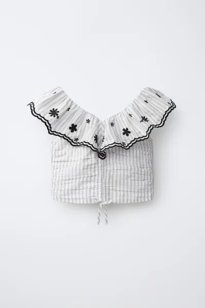 Топ с вышивкой EMBROIDERED TOP, BLACK / ECRU — фото 2
