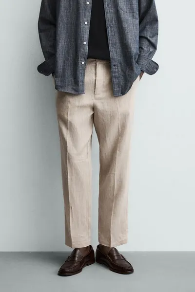Брюки из 100% льна, регулярная посадка, Светло-бежевый — фото 2