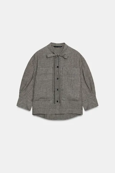 Рубашка в клетку из 100% льна ZW COLLECTION, ECRU / BLACK, 100% лён — фото 3