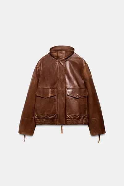 Куртка-бомбер из 100% кожи ZW COLLECTION LIMITED EDITION, Коричневый — фото 6