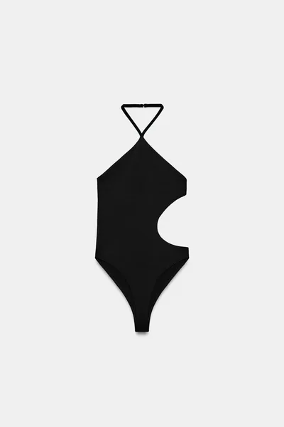 Боди с вырезами и бретелью STRETCH KNIT HALTER CUT-OUT, Чёрный — фото 4