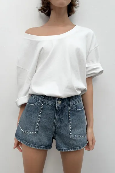 Джинсовые шорты TRF STUDDED DENIM SHORTS, Синий — фото 2