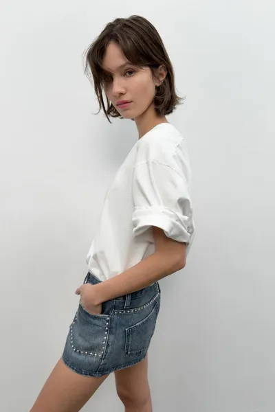 Джинсовые шорты TRF STUDDED DENIM SHORTS, Синий — фото 4