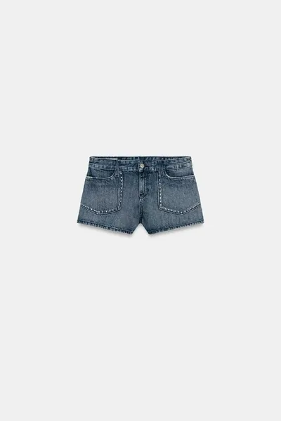 Джинсовые шорты TRF STUDDED DENIM SHORTS, Синий — фото 6