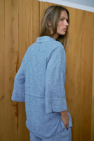 Рубашка сафари из льняной смеси LINEN BLEND, Светло-голубой — фото 4