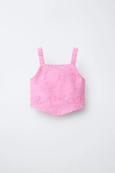 Топ с цветочной вышивкой FLORAL EMBROIDERED TOP, Mid-PINK — фото 3