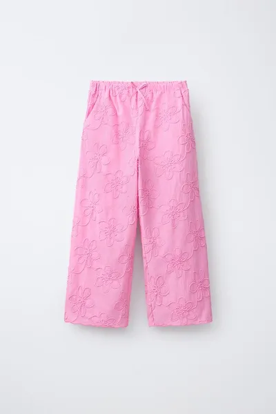 Брюки с вышивкой в цветочек широкого кроя, Мид-PINK — фото 3