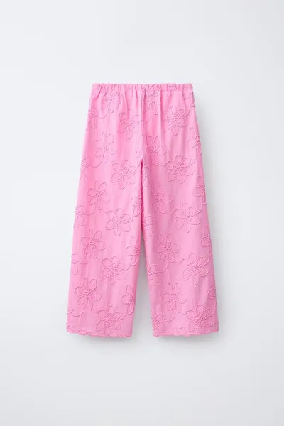 Брюки с вышивкой в цветочек широкого кроя, Мид-PINK — фото 4