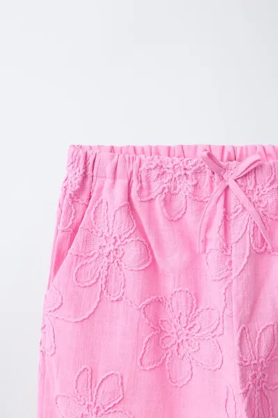 Брюки с вышивкой в цветочек широкого кроя, Мид-PINK — фото 5